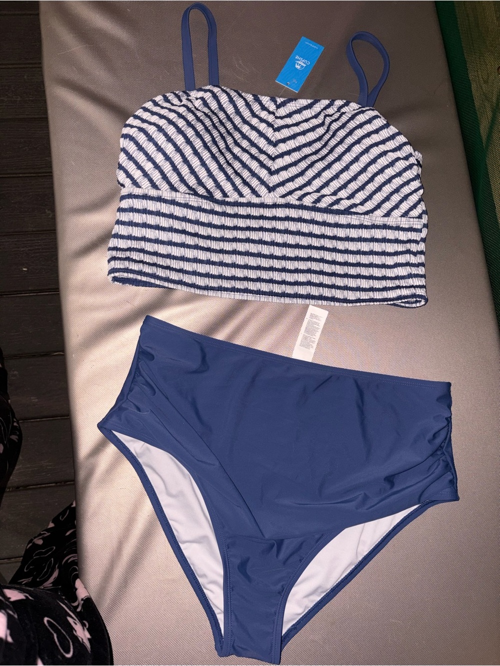 Striped Blue & White Tankini Top with Solid Blue High-Waist Bottoms